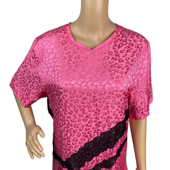 KOCHE Pink Leopard Jacquard Black Lace Asymmetric Shift Dress SZ 40/XS - Picture 5 of 11